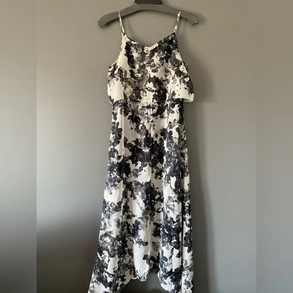 Black White Floral Midi Dress M Quiet Luxury Wedding Guest Minimalist Chic - Picture 3 of 15
